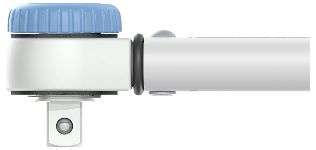 Een zijaanzicht van een mechanisch apparaat met een blauwe, geprofileerde stelknop bovenop, verbonden met een cilindrische metalen arm.