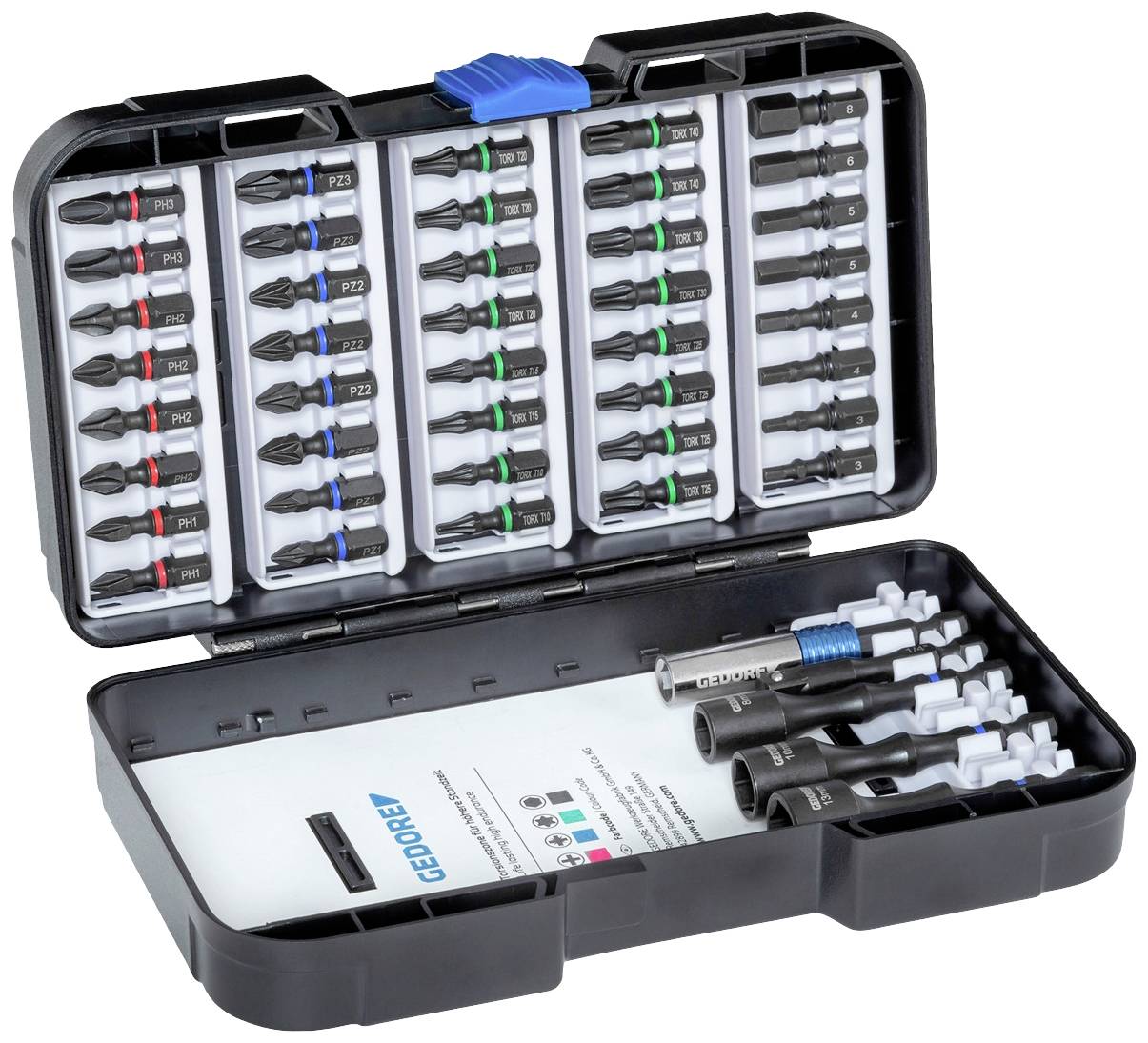 Een geopende koffer toont een set schroevendraverbits in verschillende formaten en kleuren, netjes gerangschikt in vakjes.