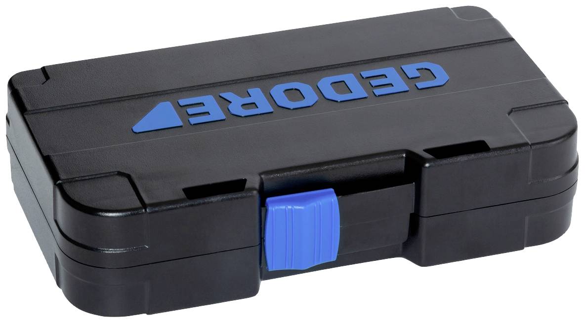 Zwarte kunststof koffer met blauwe opdruk 'GEDORE' op het deksel. Blauwe sluiting in het midden van de voorkant.