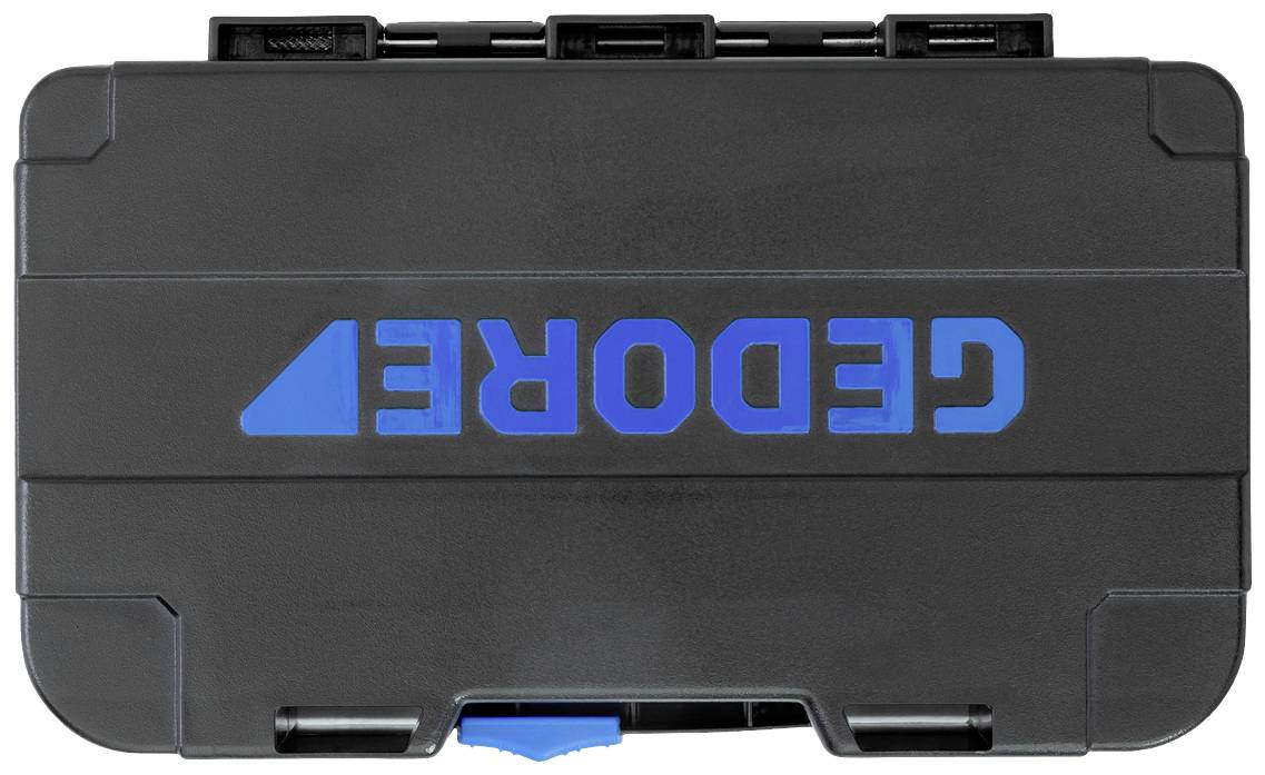 Zwarte gereedschapskoffer met blauwe opdruk 'GEDORE' op het deksel, gedragen aan een handgreep aan de bovenkant.