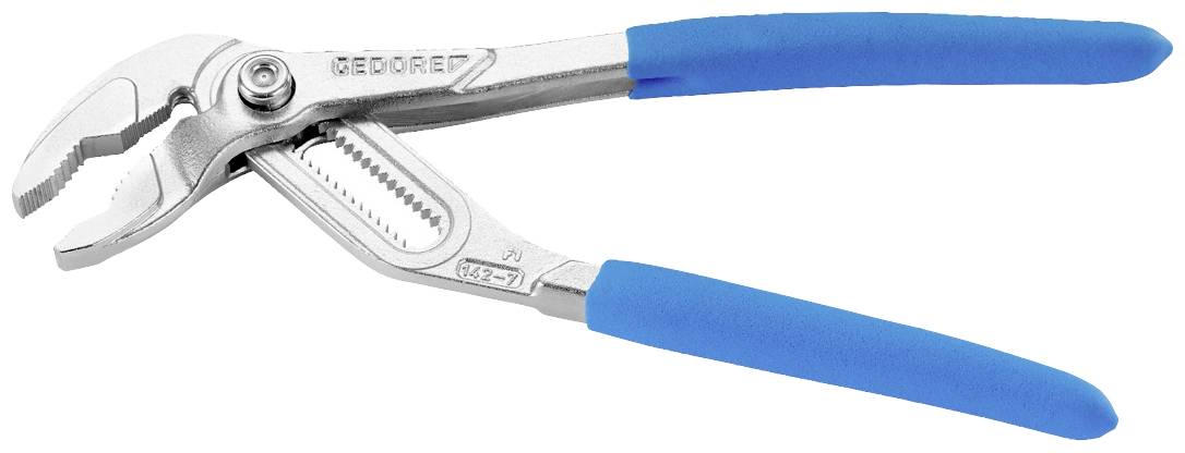 Een waterpomptang met blauwe handgrepen, geschikt voor het vastpakken en draaien van buizen en moeren.