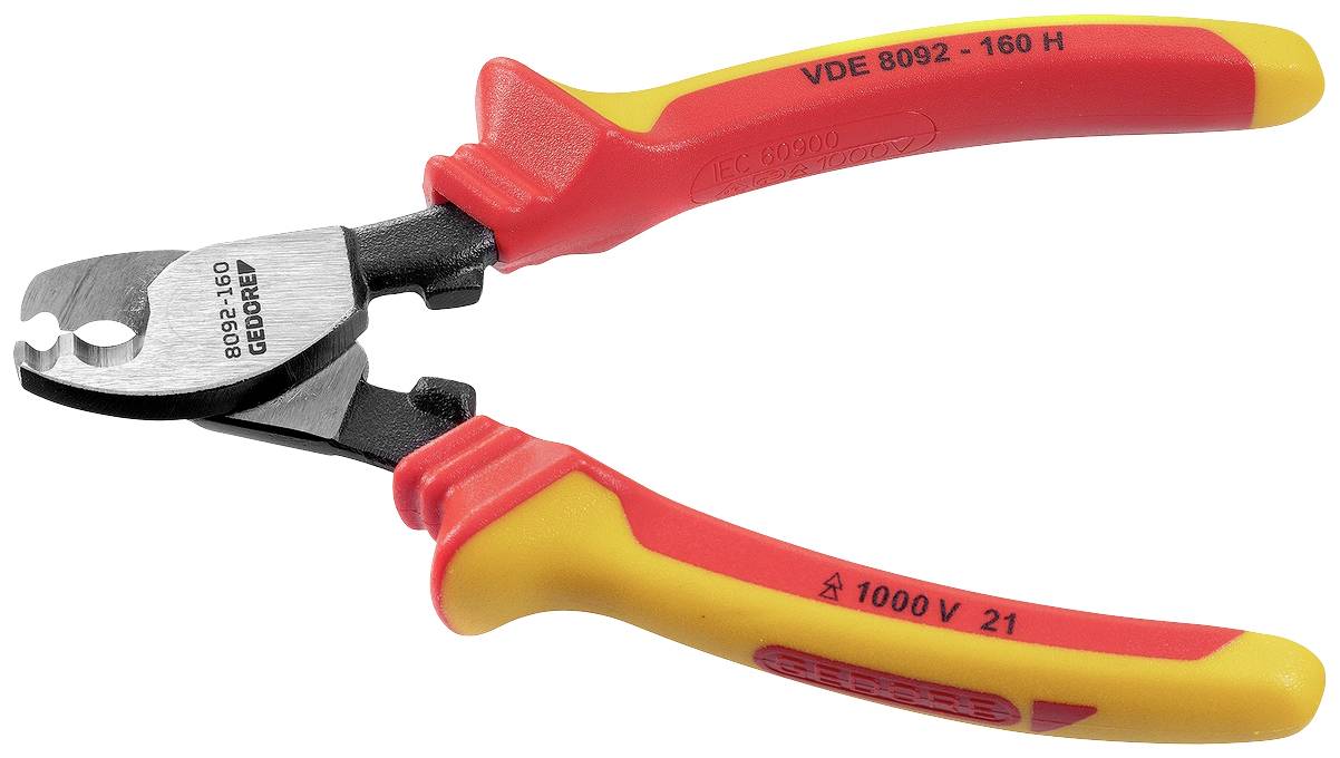 Kabelschaar met rode en gele geïsoleerde handvatten, geschikt voor kabels tot 1000 volt, met een stalen kop. Ideaal voor elektrotechniek.