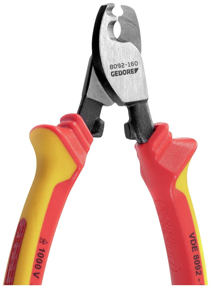 Een rode en gele Gedore-combinatietang, geïsoleerd en geschikt voor werkzaamheden tot 1000 V, met VDE-markering op de handgreep.
