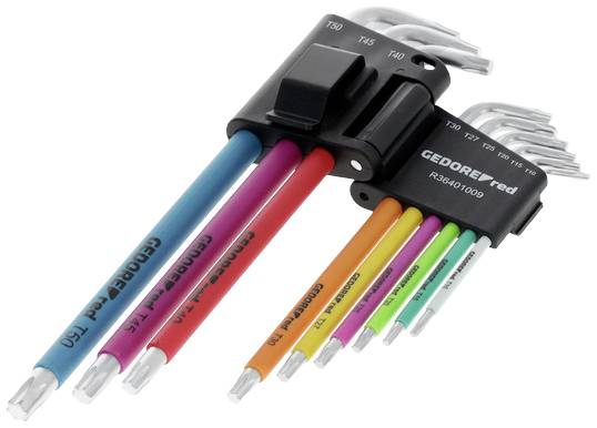 Een set veelkleurige hoekschroevendraaiers in verschillende maten. De handvatten zijn gekleurd gemarkeerd en dragen het opschrift 'GEDORE'.