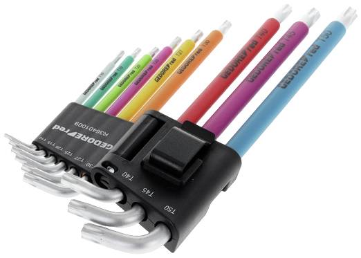 'Set van negen gekleurde inbussleutels in houder, elk met maataanduiding, van 1,5 mm tot 10 mm, geschikt voor verschillende schroeftoepassingen.'