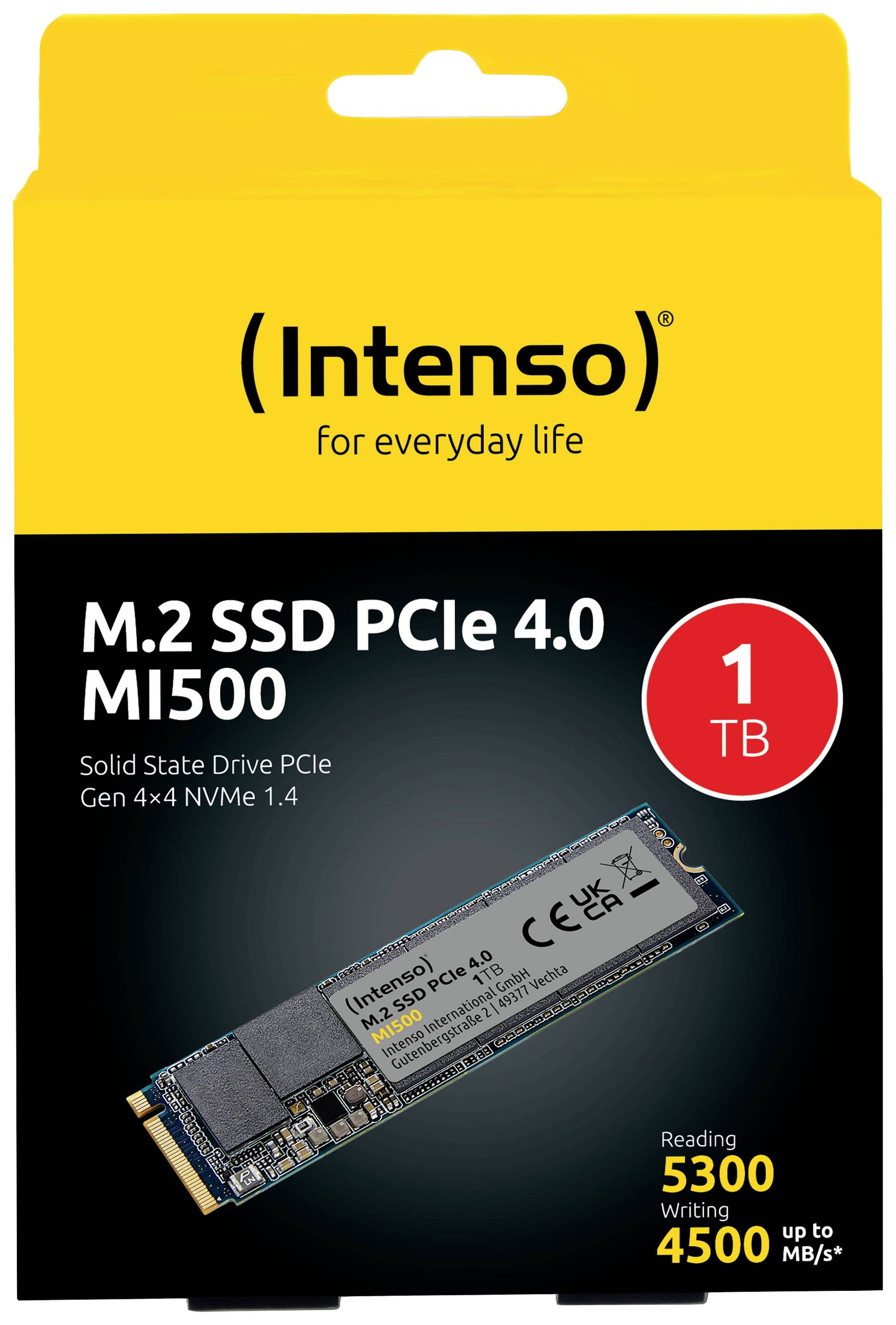 'Intenso M.2 SSD PCIe 4.0 MI500, 1 TB capaciteit. Leessnelheid tot 5300 MB/s, schrijfsnelheid tot 4500 MB/s.' Verpakking.