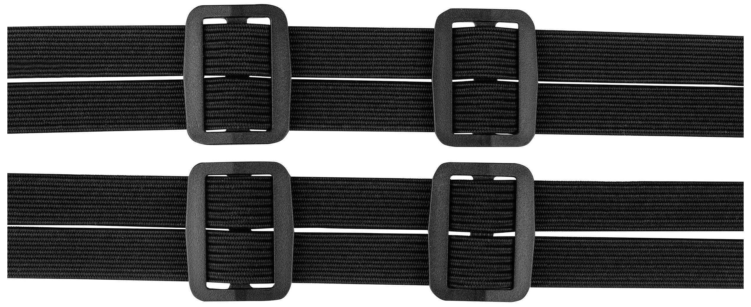 Twee parallelle zwarte elastische riemen met elk twee vierkante kunststof gesp in het midden.