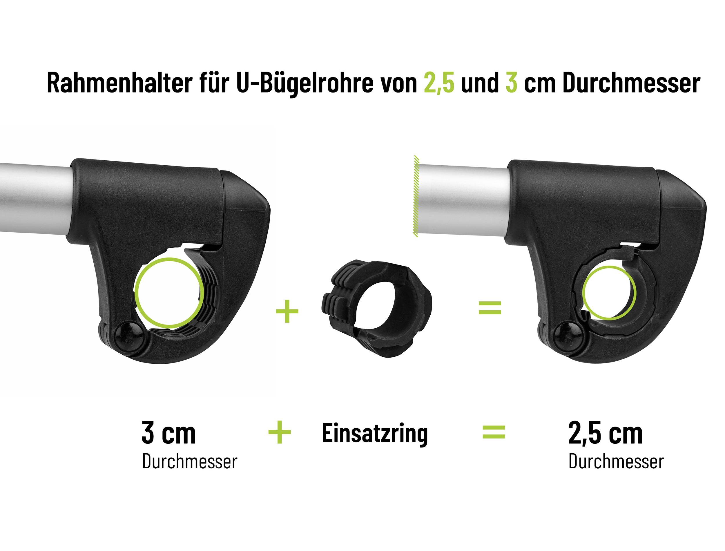 Framehouder voor U-beugelbuis met 2,5 cm en 3 cm diameter. Afbeelding toont houder voor 3 cm en 2,5 cm met inzetring.