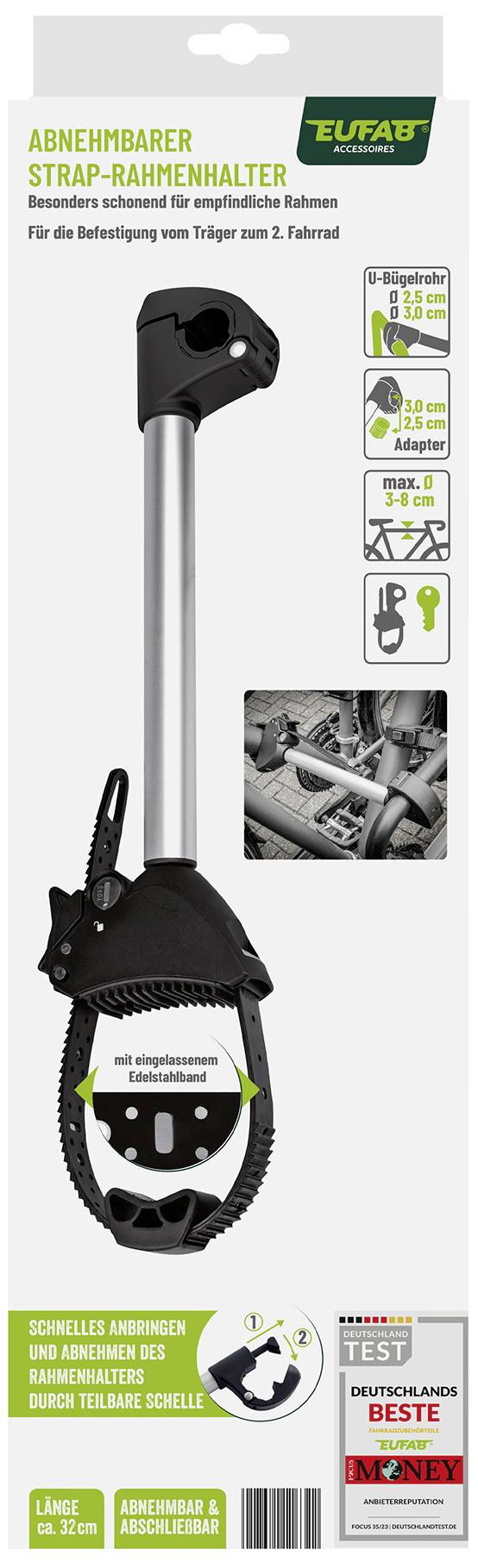Afneembare dragerbevestigingssteun voor fietsen. Geschikt voor standaardframes, met robuuste klemgesp.