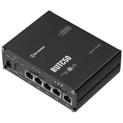 Een zwarte router met de aanduiding 'Teltonika RUT950'. Hij heeft vier LAN-poorten, één WAN-poort en een stroom-LED.