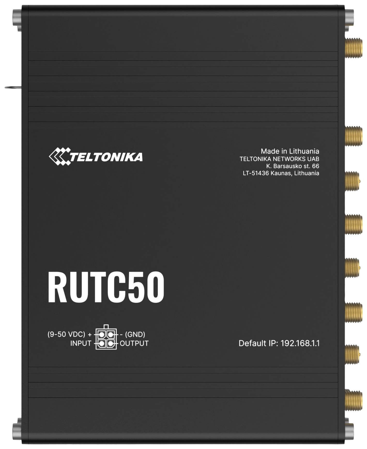 Zwarte Teltonika RUTC50 Router, vervaardigd in Litouwen. Ondersteunt 9-50 V DC, standaard-IP: 192.168.1.1, meerdere aansluitingen.