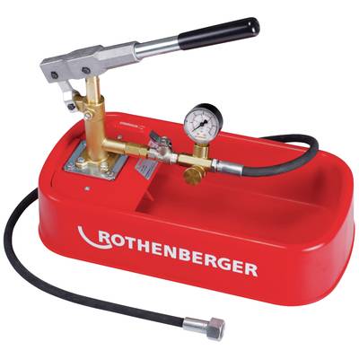 Handmatige druktestpomp in rood behuizing met slang en manometer. Merk 'Rothenberger' op de zijkant.