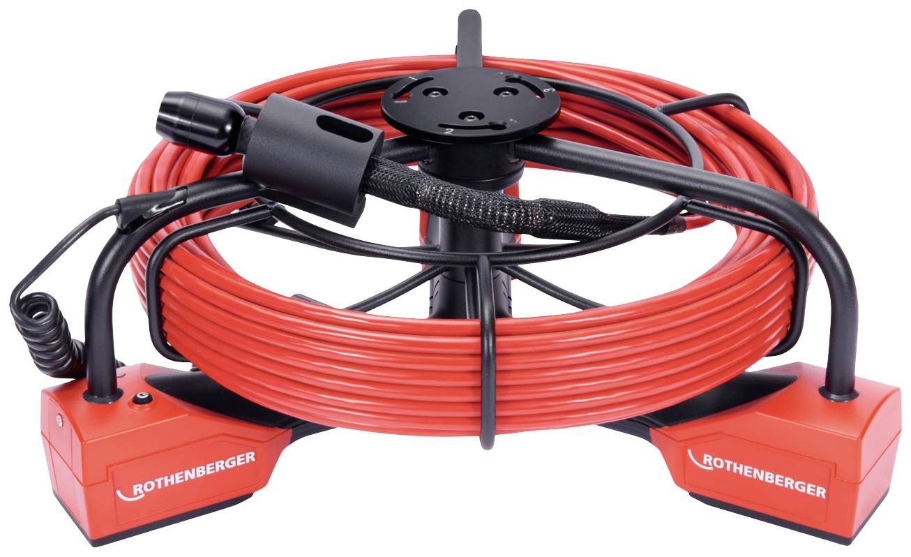 Een rode kabel op een spoel, uitgerust met twee rode dozen die zijn voorzien van het opschrift 'ROTHENBERGER'. Het betreft een inspectieapparaat.