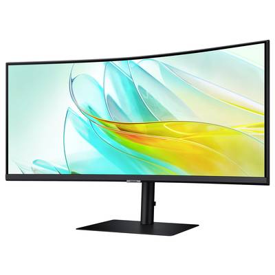 Een grote, gebogen computermonitor met een kleurrijke achtergrond in blauw- en geeltinten, gemonteerd op een stevige zwarte standaard.