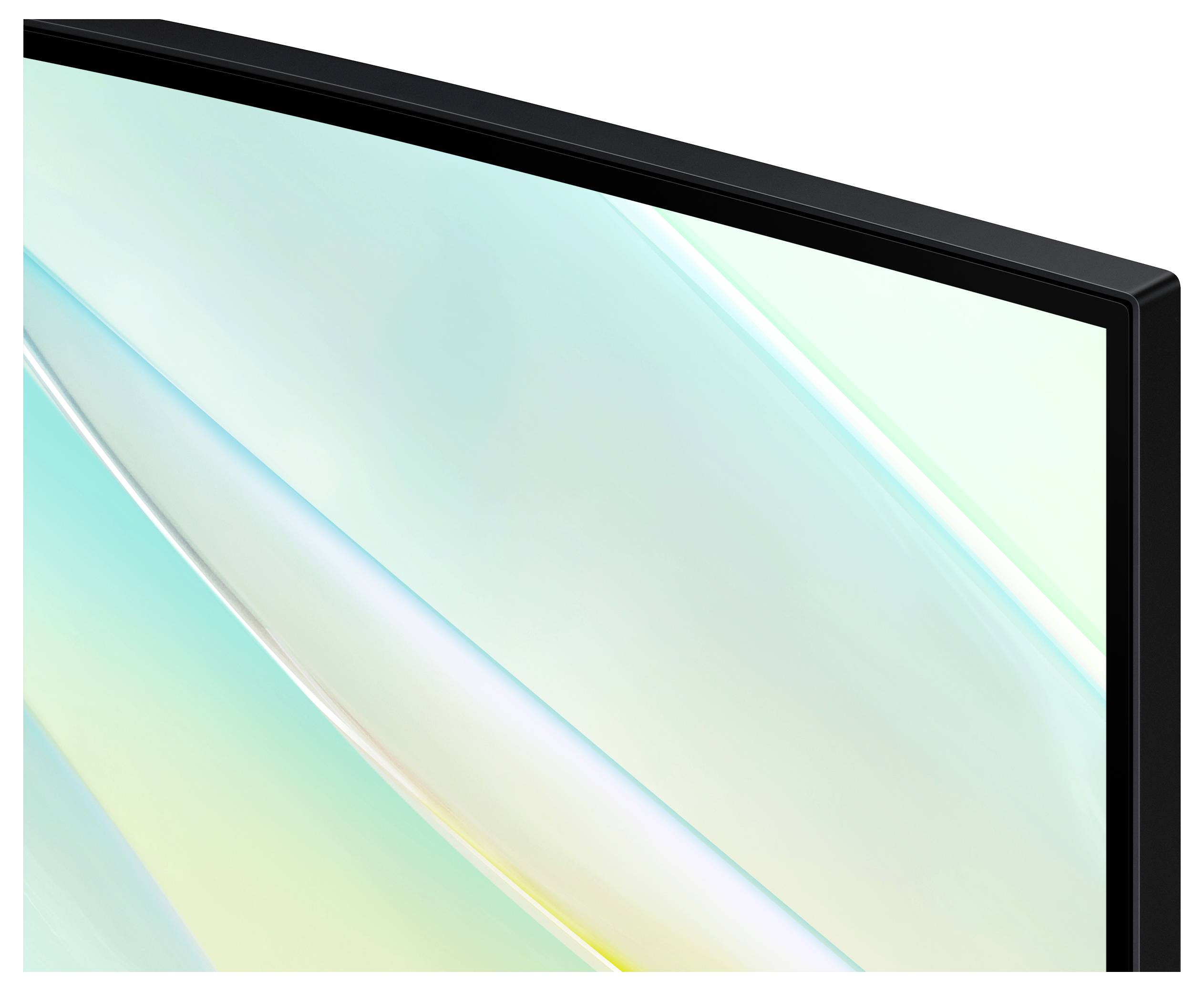 Een plat scherm in close-up toont gekleurde, diagonale lijnen. De rand is dun en zwart.