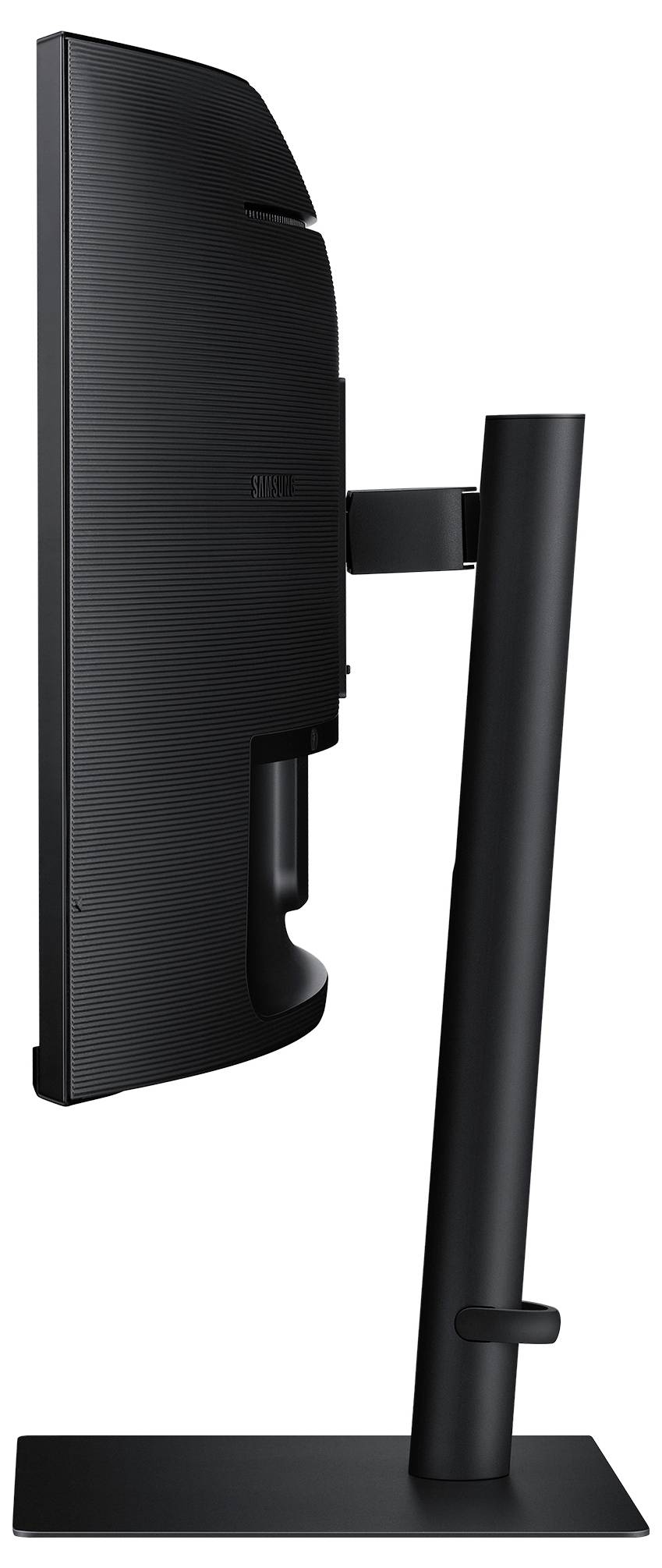 Een zwart computerscherm in zijaanzicht, rechtop op een standaard. Het scherm toont geen inhoud.