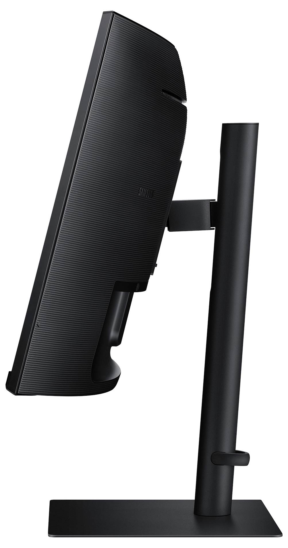 Een zwarte computermonitor in zijaanzicht, staand op een verstelbare standaard.