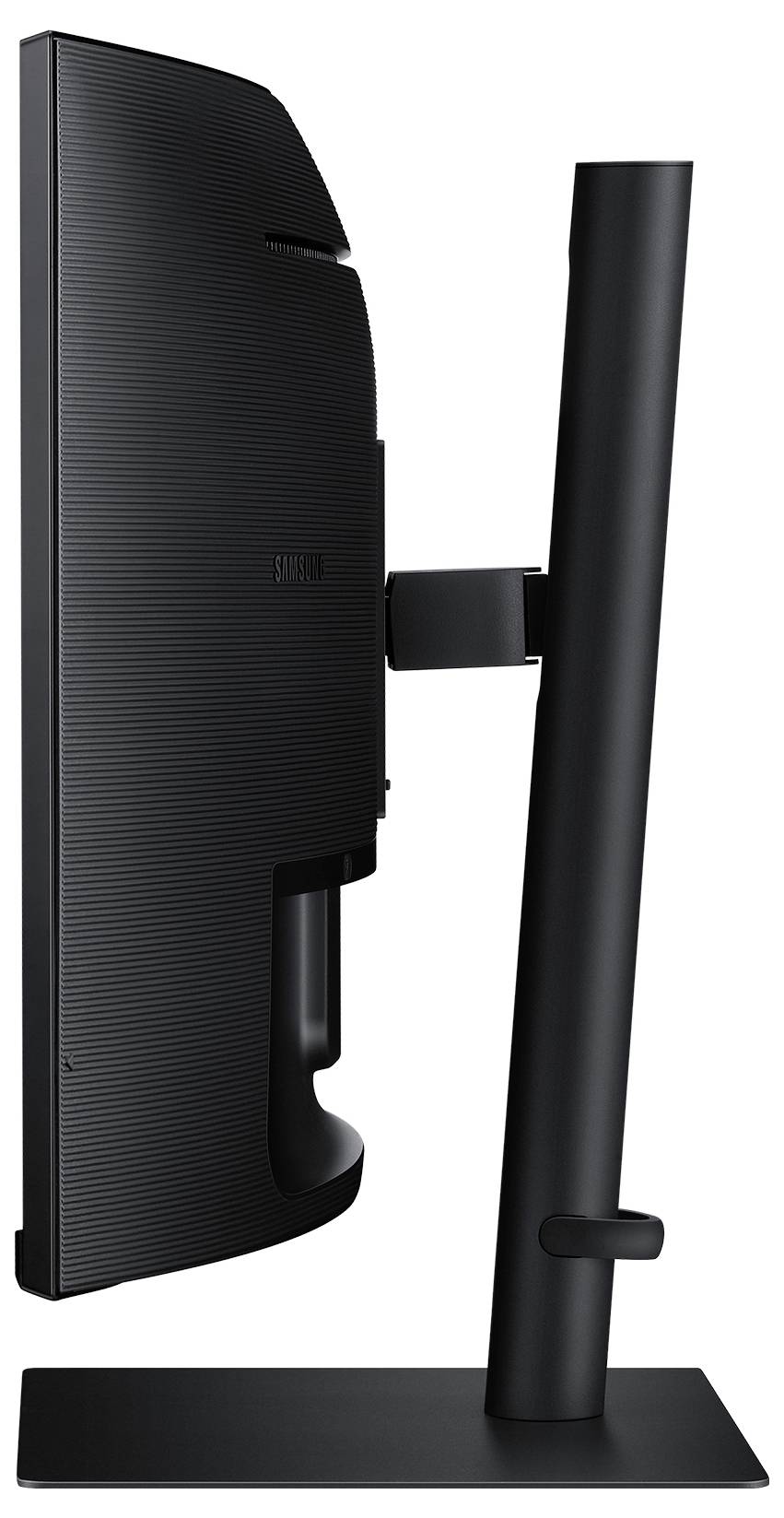 Een zwart computerscherm gezien vanaf de zijkant, gemonteerd op een verstelbare standaard.