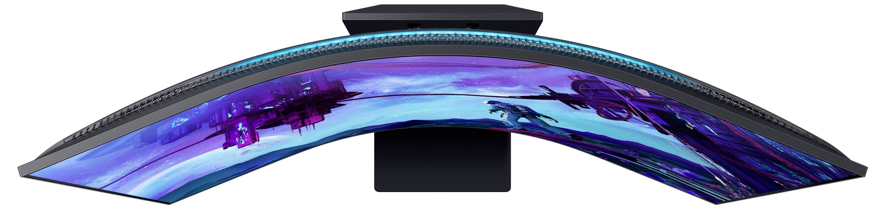 Gebogen monitor toont futuristisch gamingscherm met blauw-paarse tinten. Creëert een meeslepende visuele ervaring voor gamen.