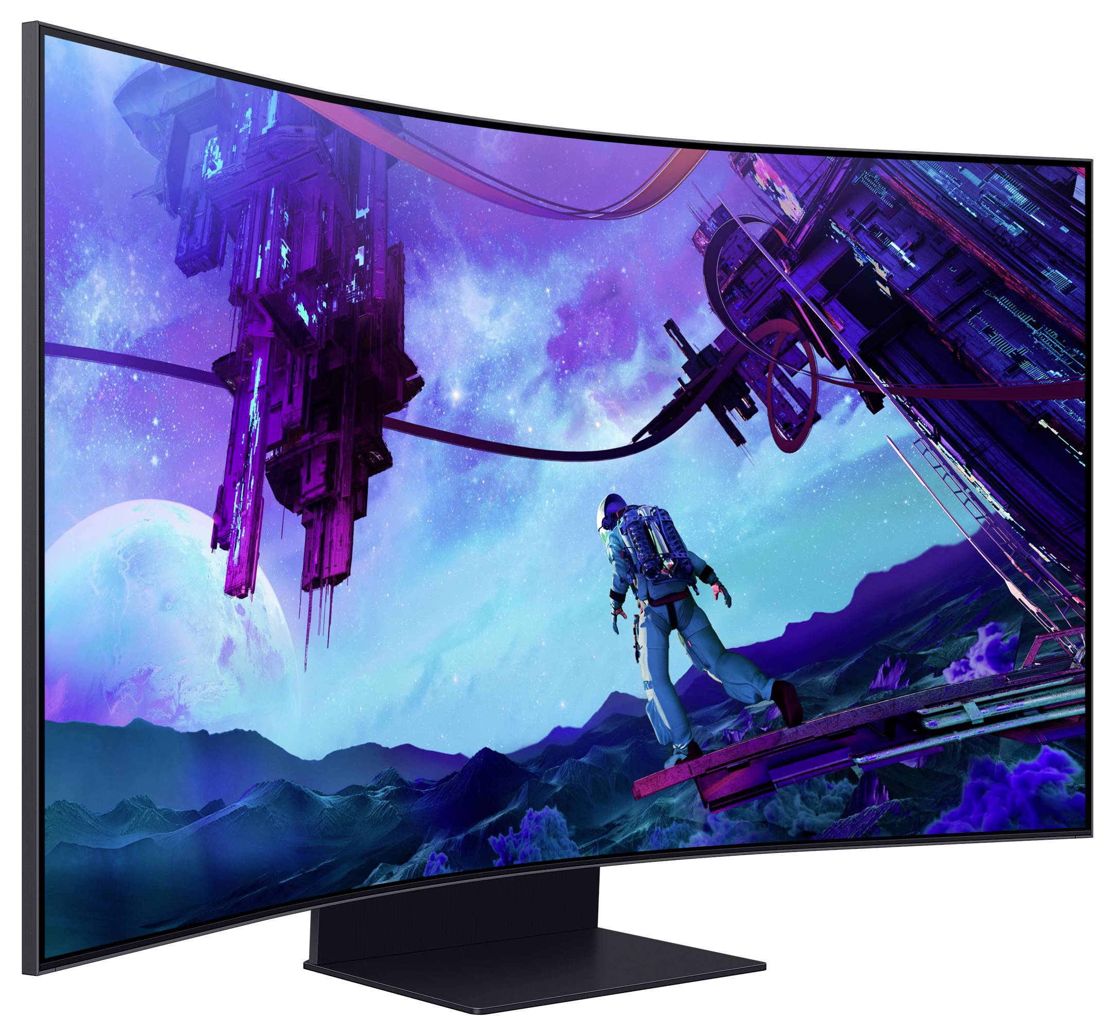 Een groot, gebogen scherm toont een futuristische scène met een astronaut die staat op een platform in de ruimte.