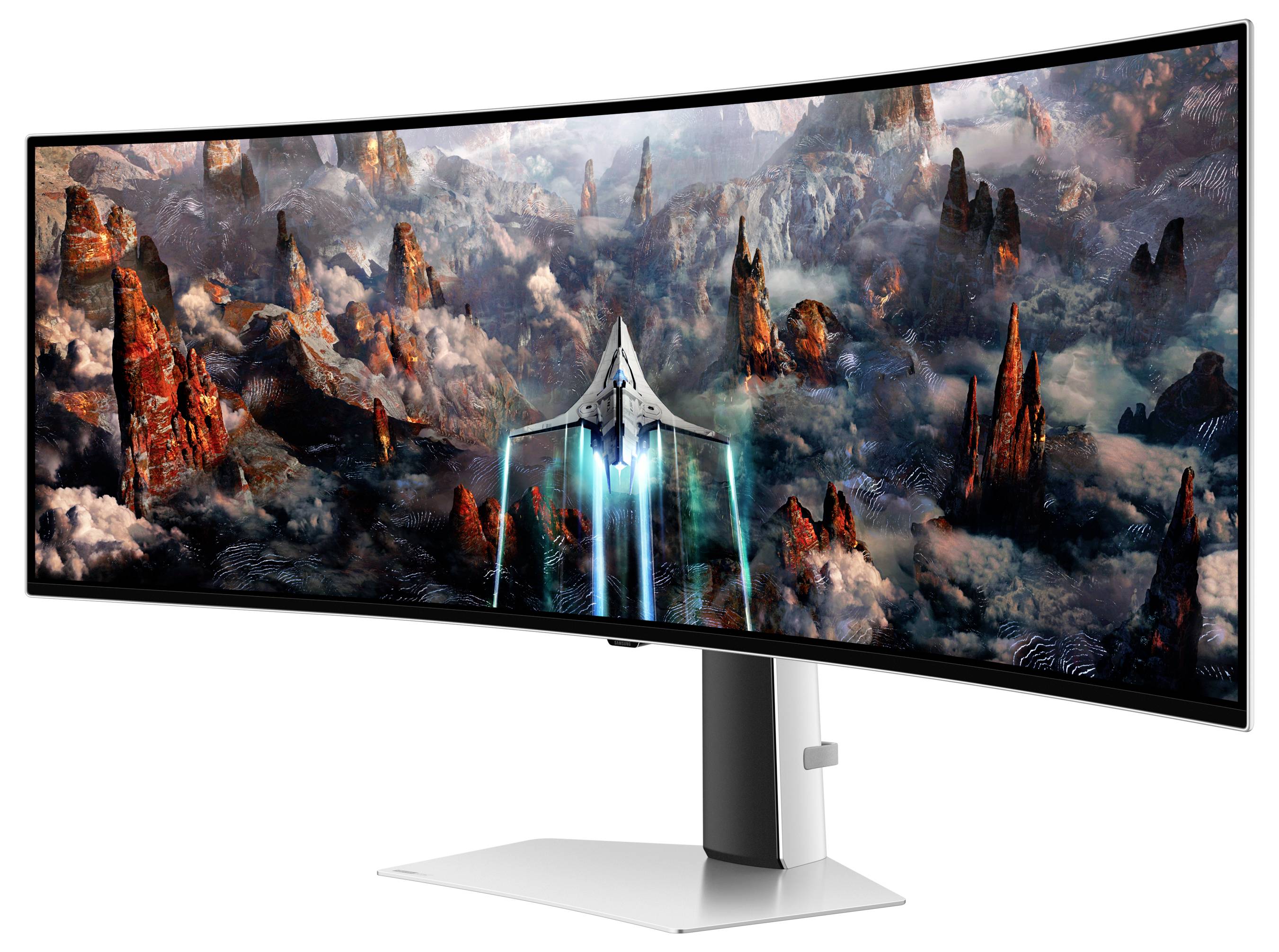 Een gebogen gamingmonitor toont een fantasierijk, kleurrijk ruimteavontuur met een ruimteschip en rotsachtig landschap.