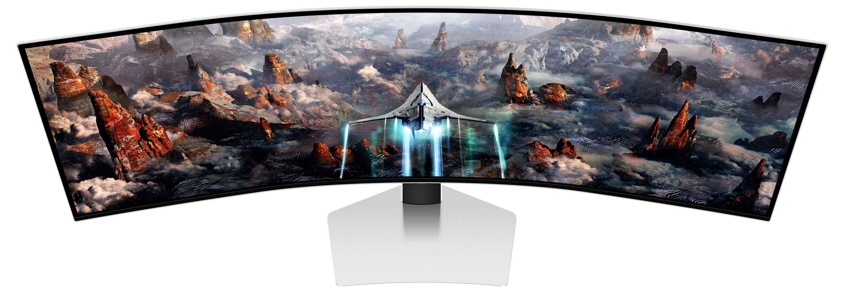 Bredere, gebogen monitor toont ruimteschip boven rotsachtig landschap; benadrukt schermomvang en een meeslepende gamingervaring.