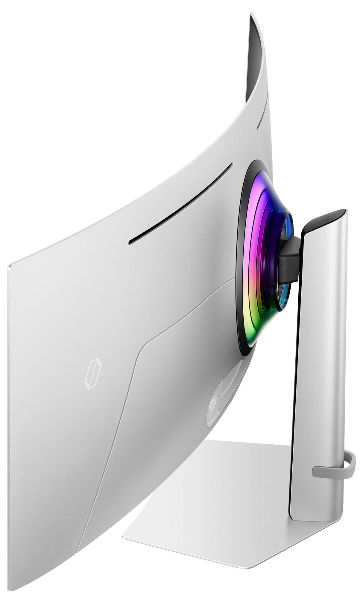 Achterkant van een moderne, gebogen computermonitor met smalle randen. Een lichtgevende LED-ring omringt de standaard.
