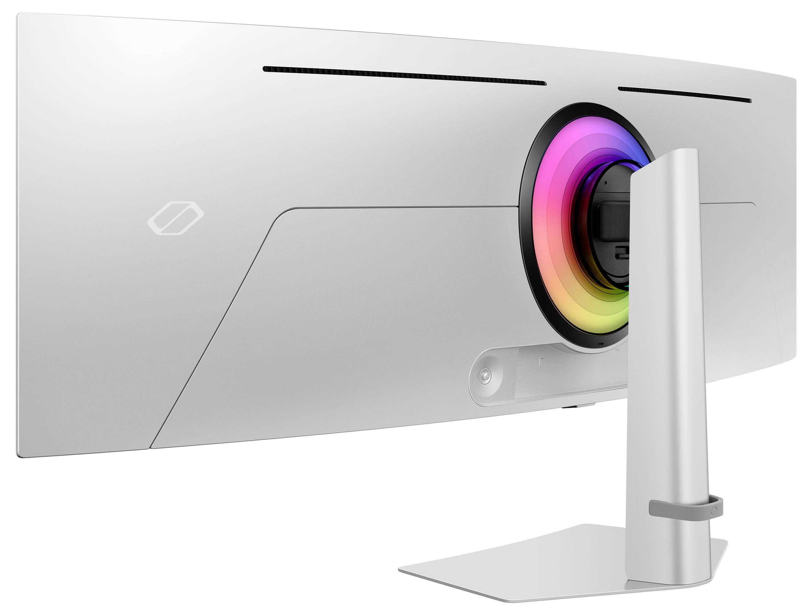 Een witte, gebogen computermonitor van achteren, met een ringvormig lichteffect in verschillende kleuren op de monitorstandaard.