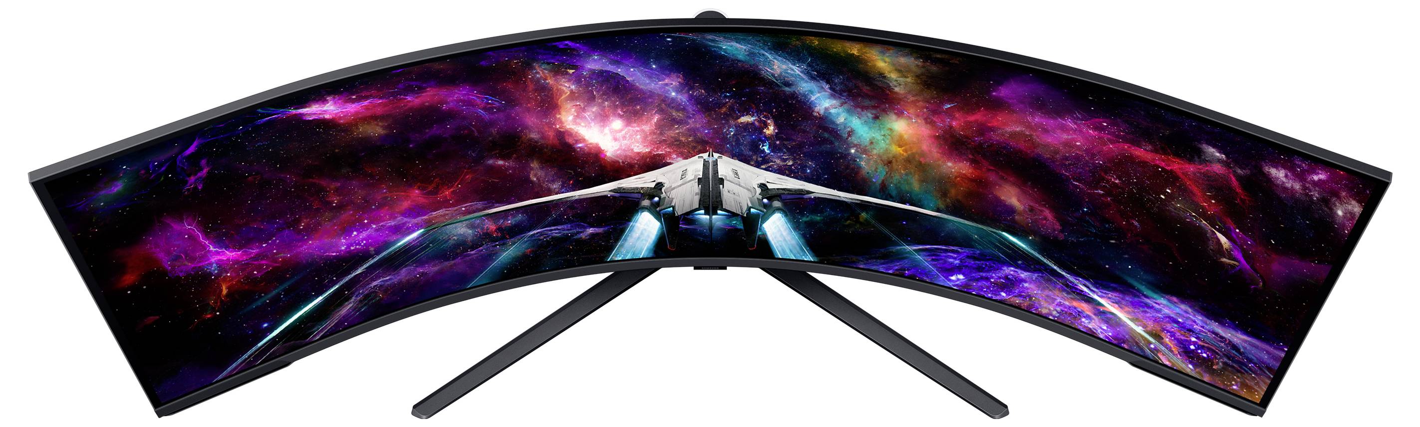 Een gebogen gamingmonitor toont een kleurrijk ruimtespel met een futuristisch ruimteschip in het centrum van het scherm.