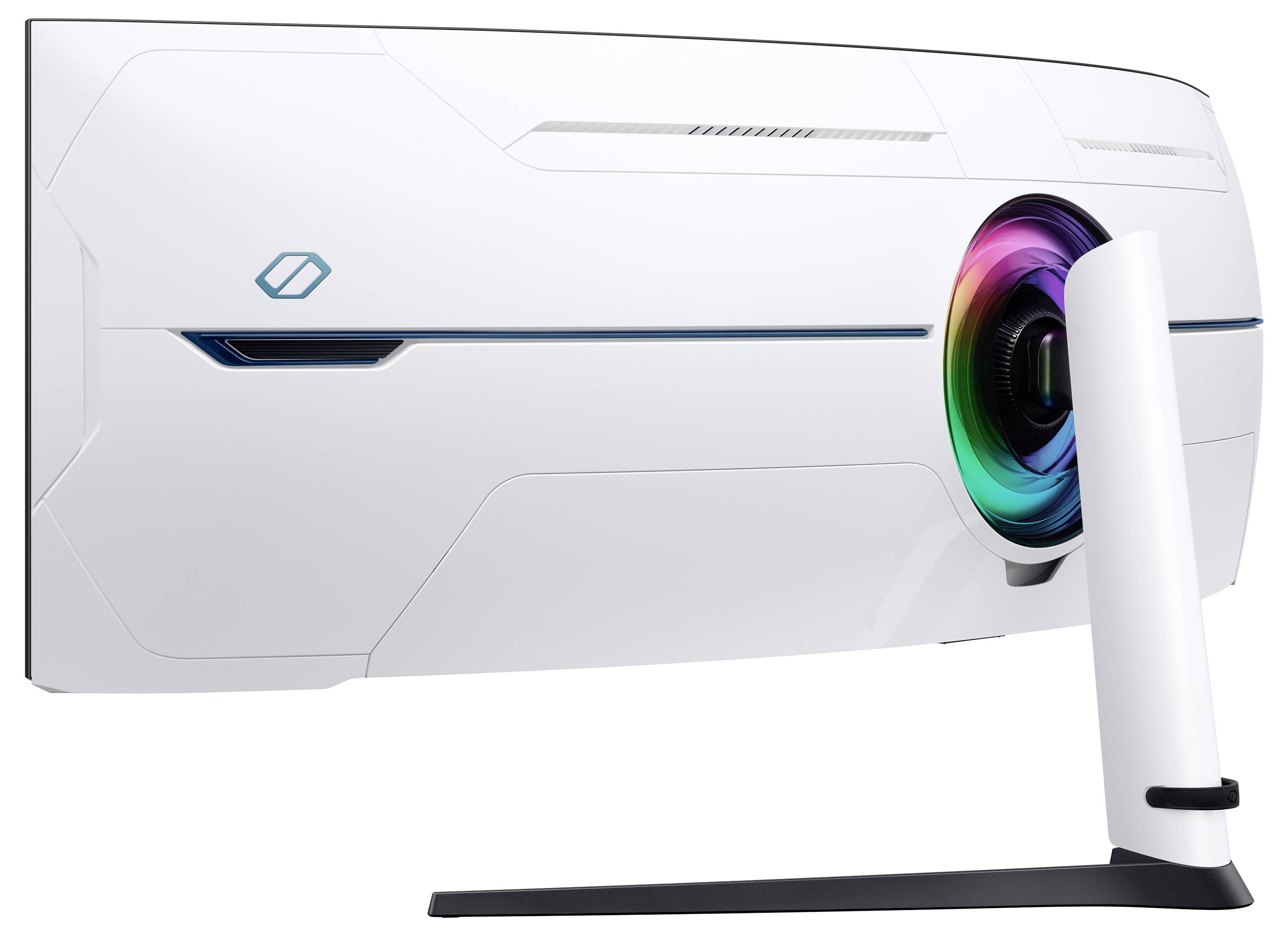 Een witte, gebogen computermonitor met een kleurrijke LED-ring aan de achterkant, gezien van opzij.