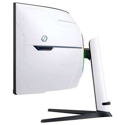 Een stijlvolle witte gamingmonitor met futuristisch design en RGB-verlichting, gemonteerd op een moderne zwarte standaard.