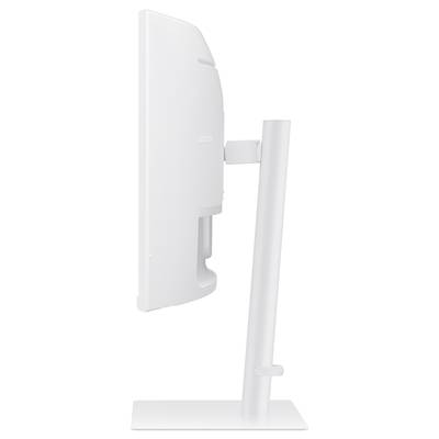 Zijaanzicht van een moderne computermonitor in het wit, gemonteerd op een standaard. Het scherm is strak en minimalistisch.