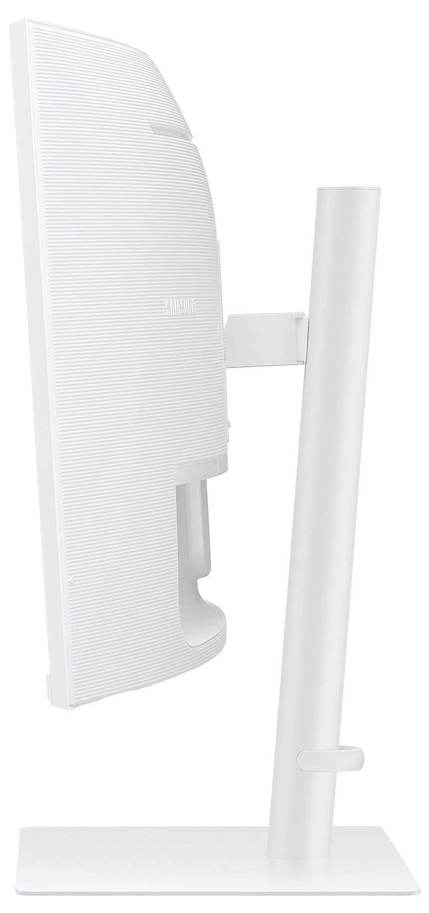 Zijaanzicht van een witte computermonitor met smalle rand en minimalistisch ontwerp, op een stabiele, verstelbare voet.