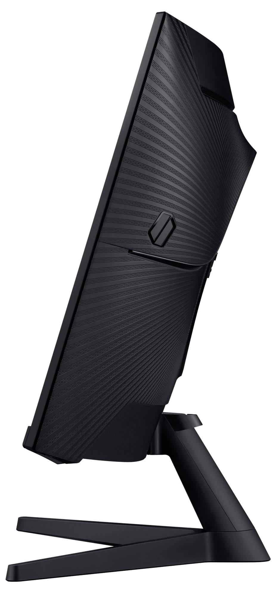 Een moderne computermonitor, van opzij gefotografeerd, toont een slanke vormgeving met een gestructureerde achterkant en een stabiele voet.