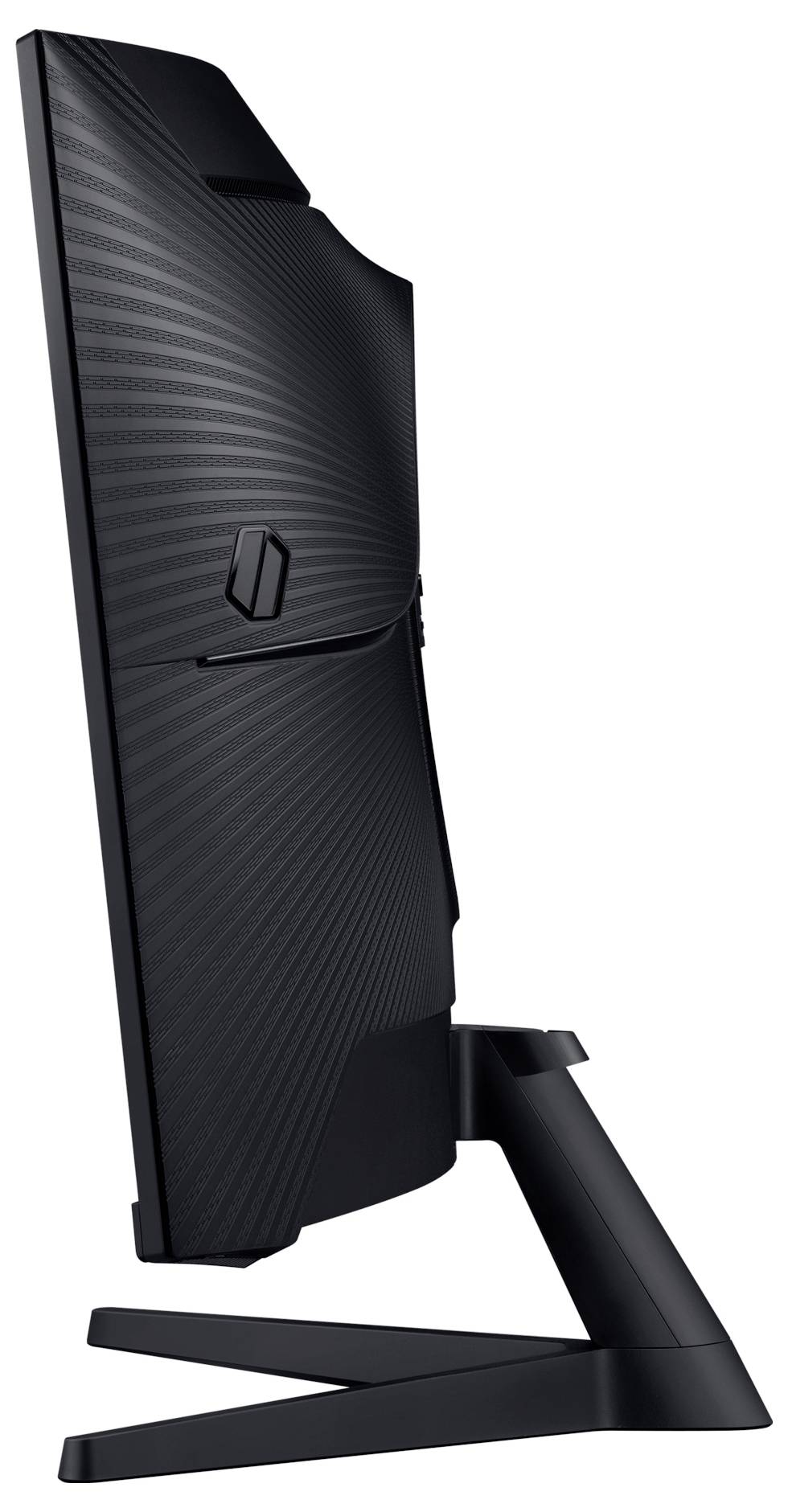 Een slanke computermonitor bekeken van opzij, met een modern design en een stabiele standaard.