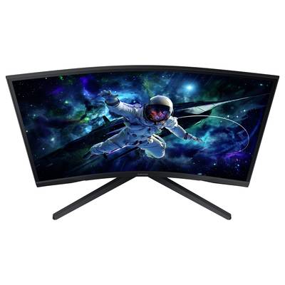 Een astronaut zweeft in de ruimte, afgebeeld op een gebogen monitor met een kleurrijke, stralende achtergrond.
