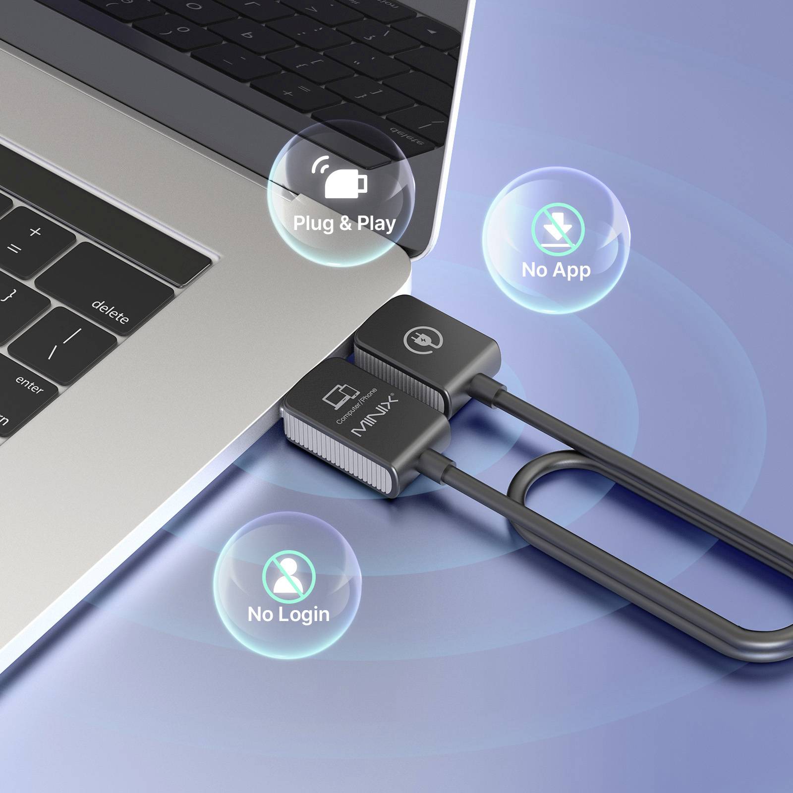 Een USB-apparaat is aangesloten op een laptop. Meerdere symbolen geven 'Plug & Play', 'Geen App' en 'Geen Login' aan.