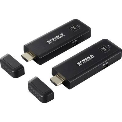 Twee zwarte HDMI-draadloze zendapparaten met de opschriften 'Speaka Professional' en '4K'. Ze hebben beschermkappen en USB-stroomaansluitingen.