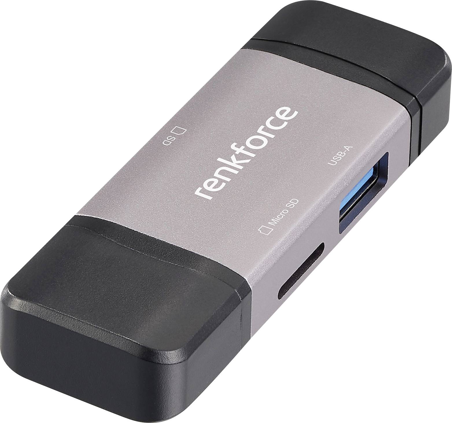 'Renkforce' kaartlezer met USB-A en Micro SD-sleuf, draagbaar ontwerp.