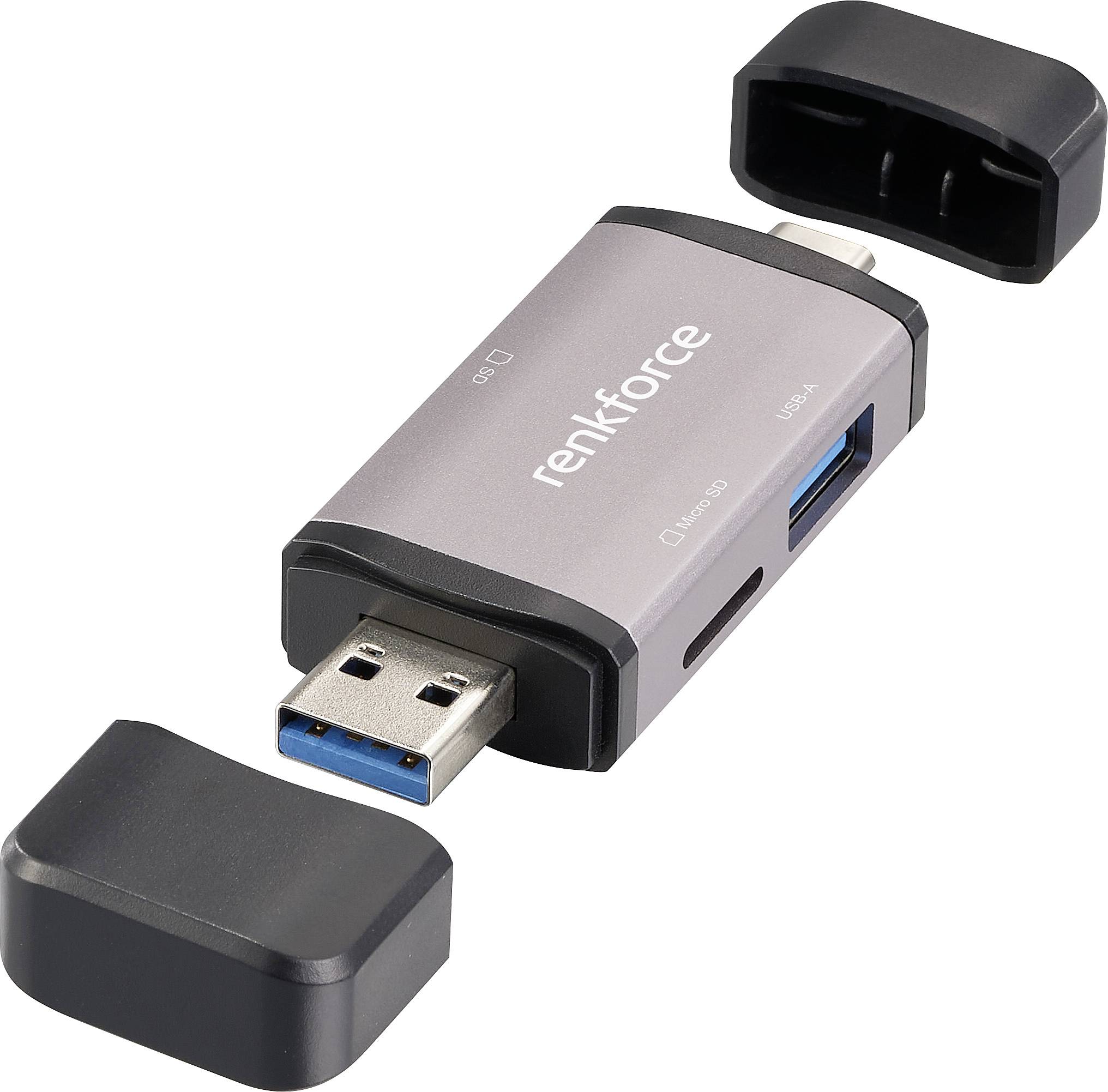 USB-adapter met afneembare doppen, drie aansluitingen: USB, microSD en VGA, zilverkluis behuizing met 'renkforce'-logo.