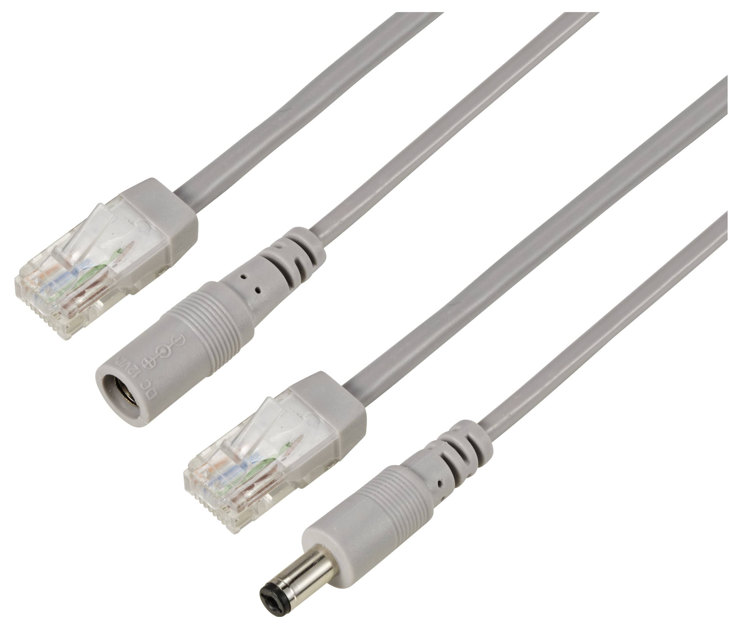 Grijs kabel met twee RJ45- en één jackplugaansluiting, gebruikt voor netwerk- en audioverbindingen.