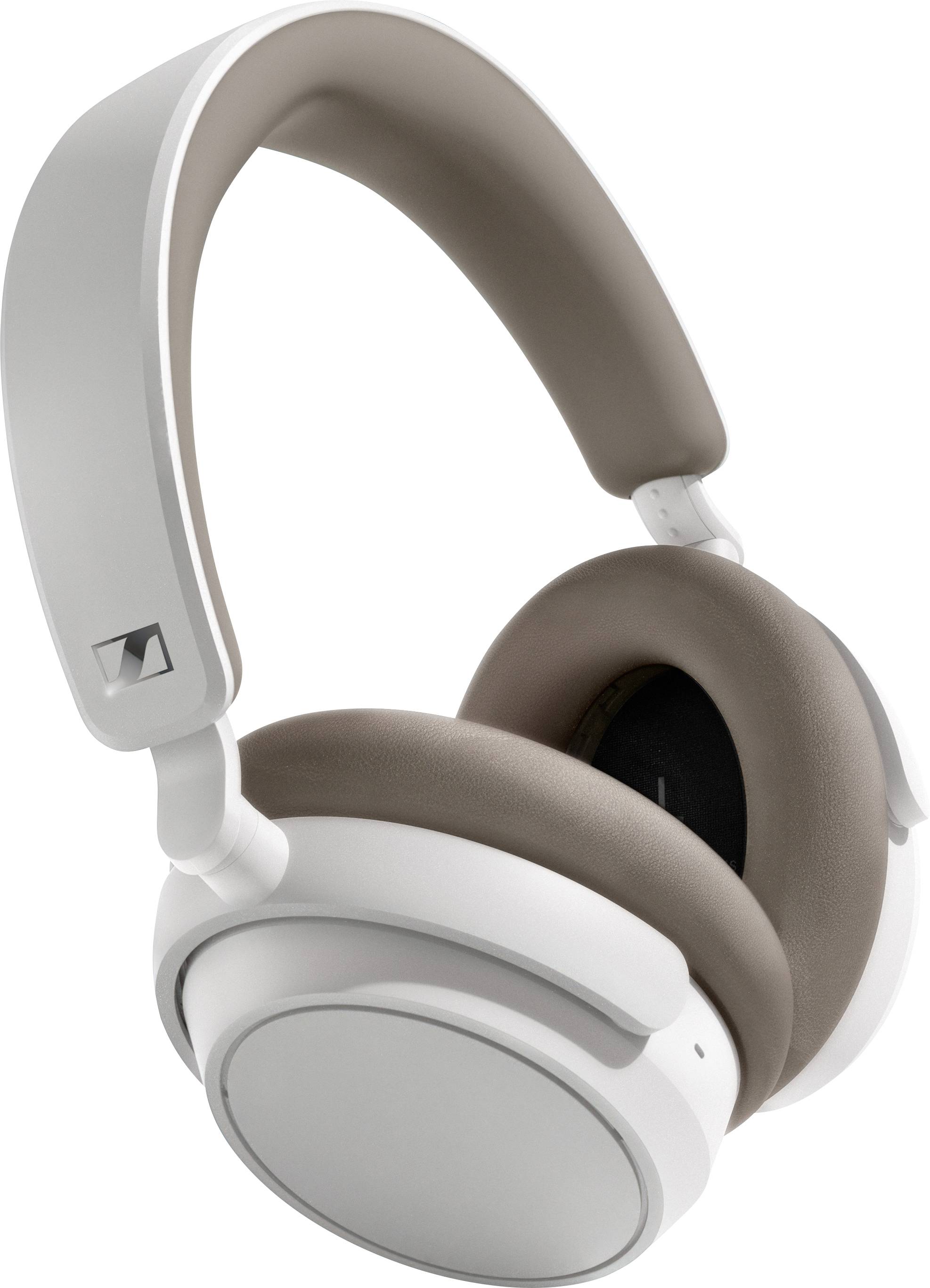 Elegante, draadloze over-ear koptelefoon in wit en grijs; geschikt voor muziekbeleving en ruisonderdrukking.