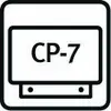 Een eenvoudig symbool met de opschrift 'CP-7' in een rechthoek, dat een aanwijzing of code voorstelt.