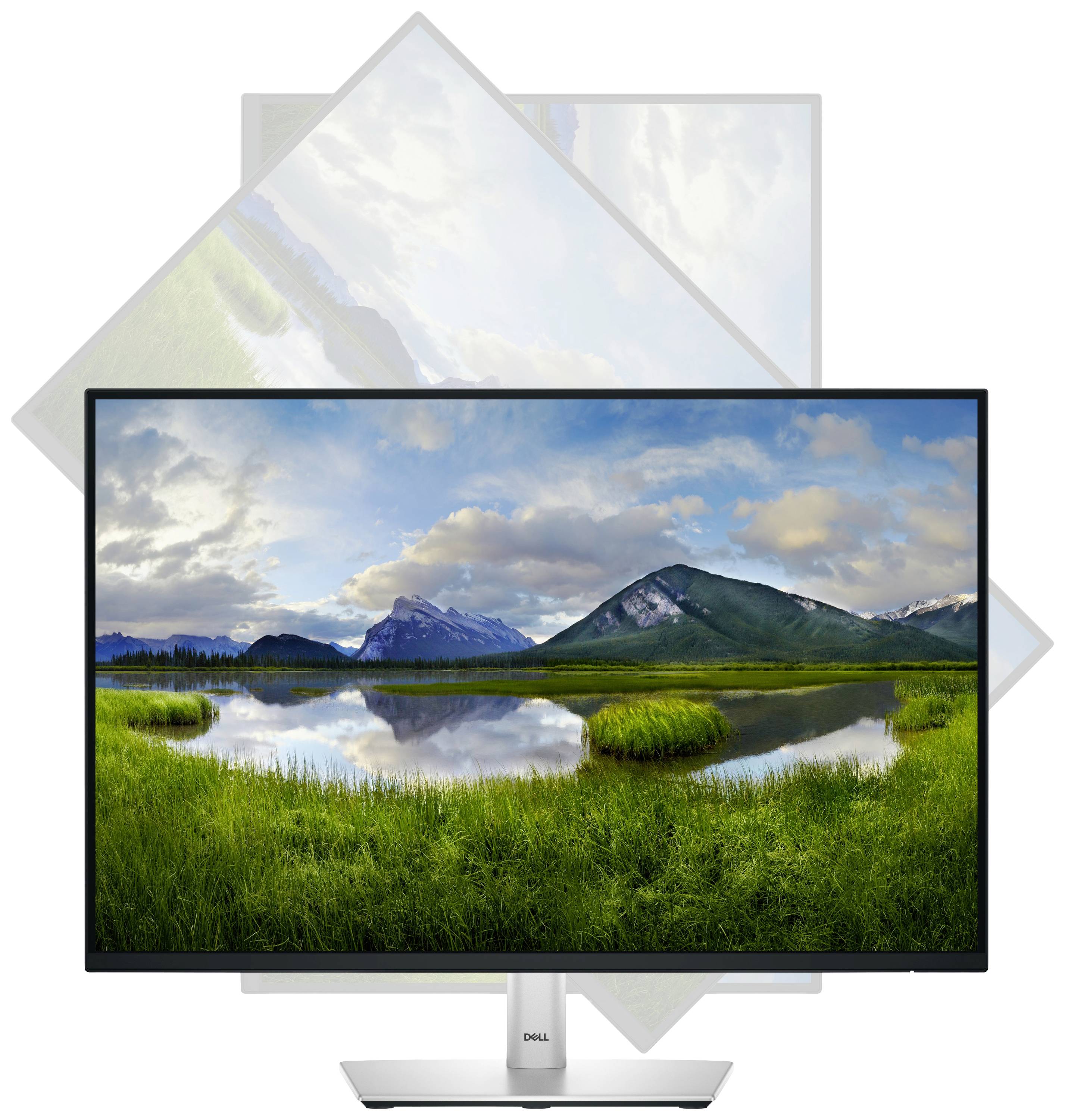 Een computerscherm toont een landschappelijk tafereel met een rustige meer, omgeven door groene weilanden en bergen onder een bewolkte lucht.