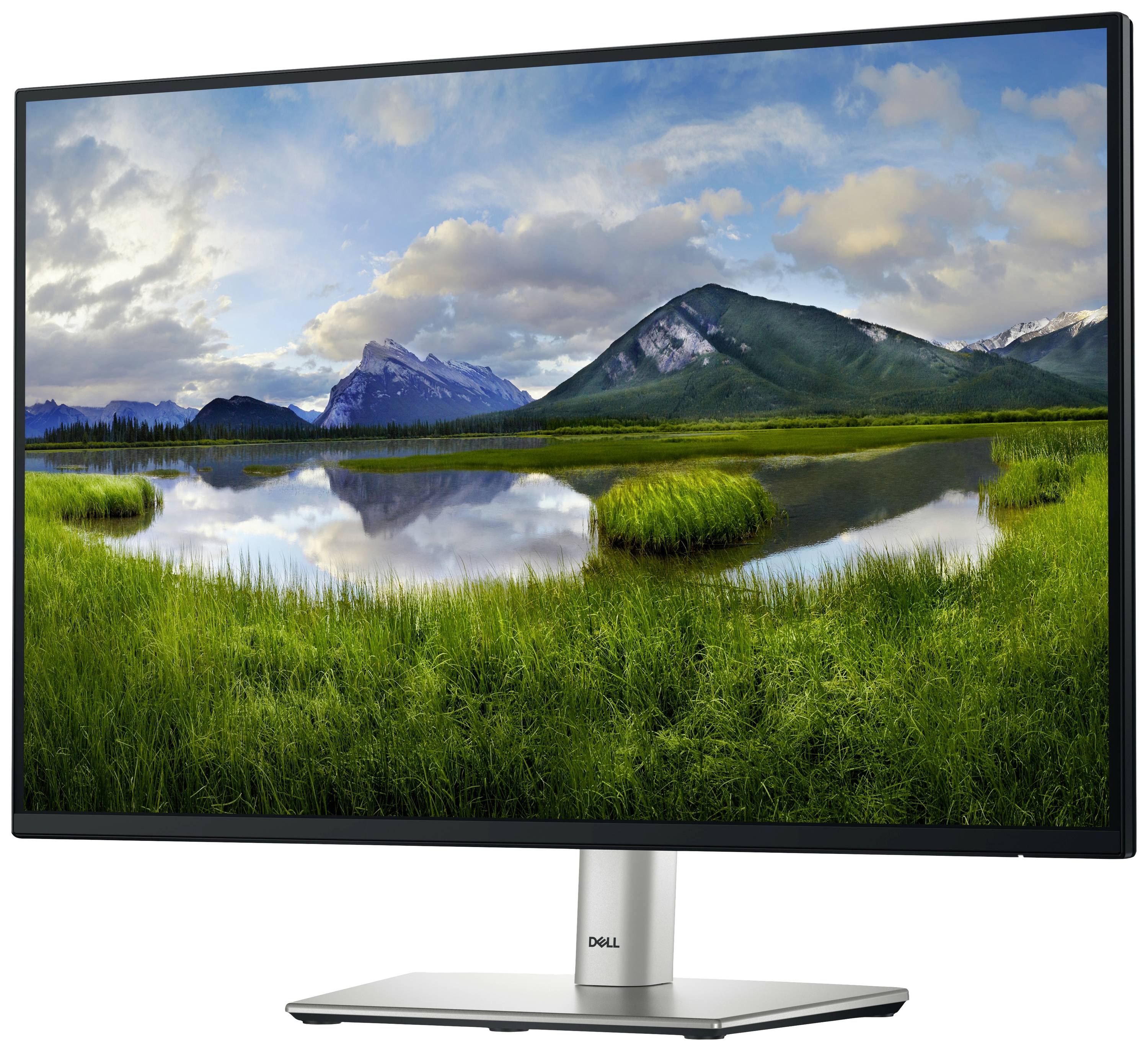 Een computermonitor met een landschapsweergave toont een spiegelglad wateroppervlak, omgeven door groen gras en bergen op de achtergrond.