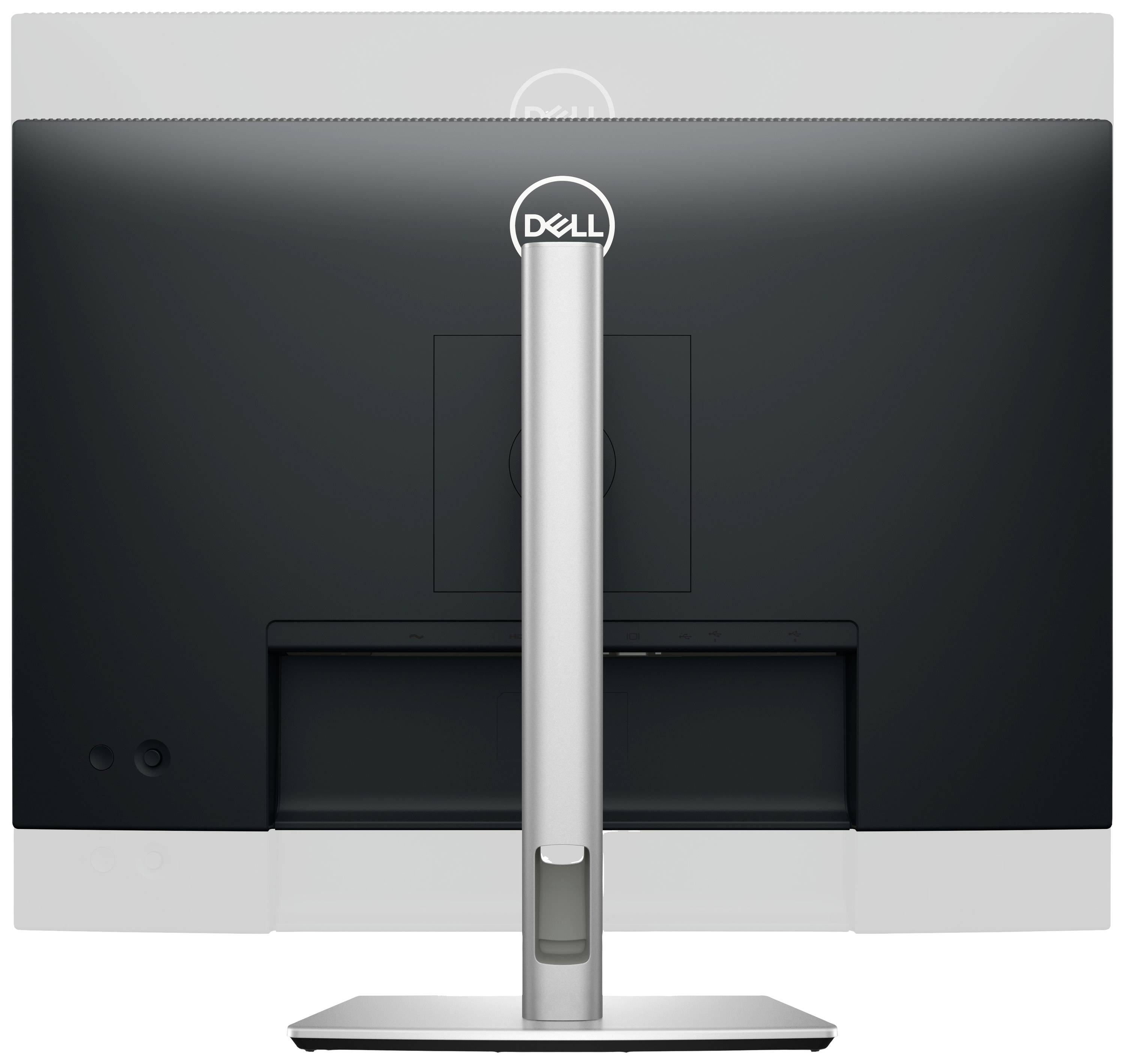 Achterzijde van een Dell-monitor met zilveren voet en zwart scherm.