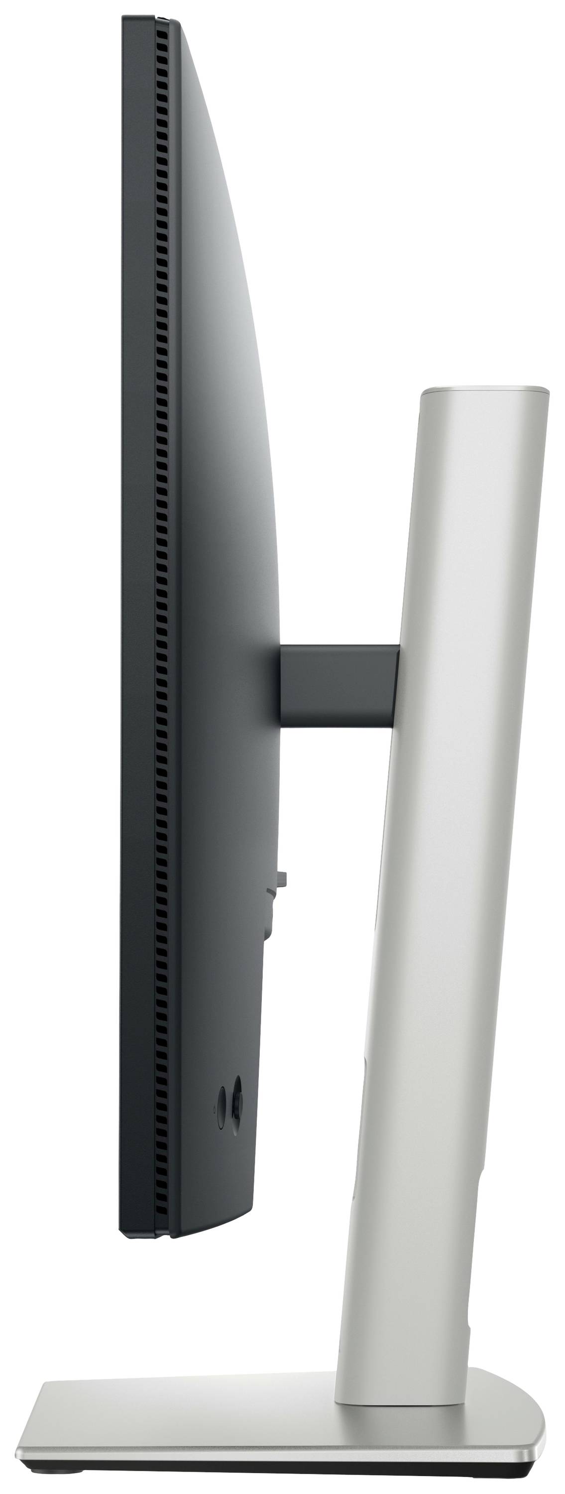 Zijaanzicht van een slanke computermonitor op een standaard. Het scherm is zwart, de standaard is zilverkleurig.