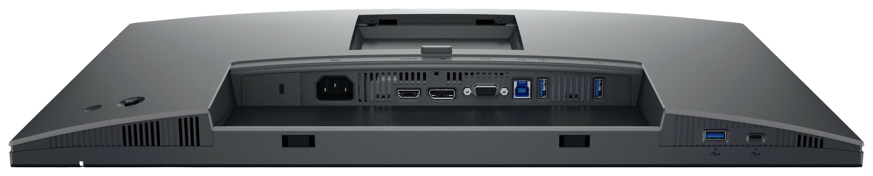 Achterkant van een computermonitor met aansluitingen: stroomaansluiting, HDMI, DisplayPort, twee USB-poorten en audio-ingangen.