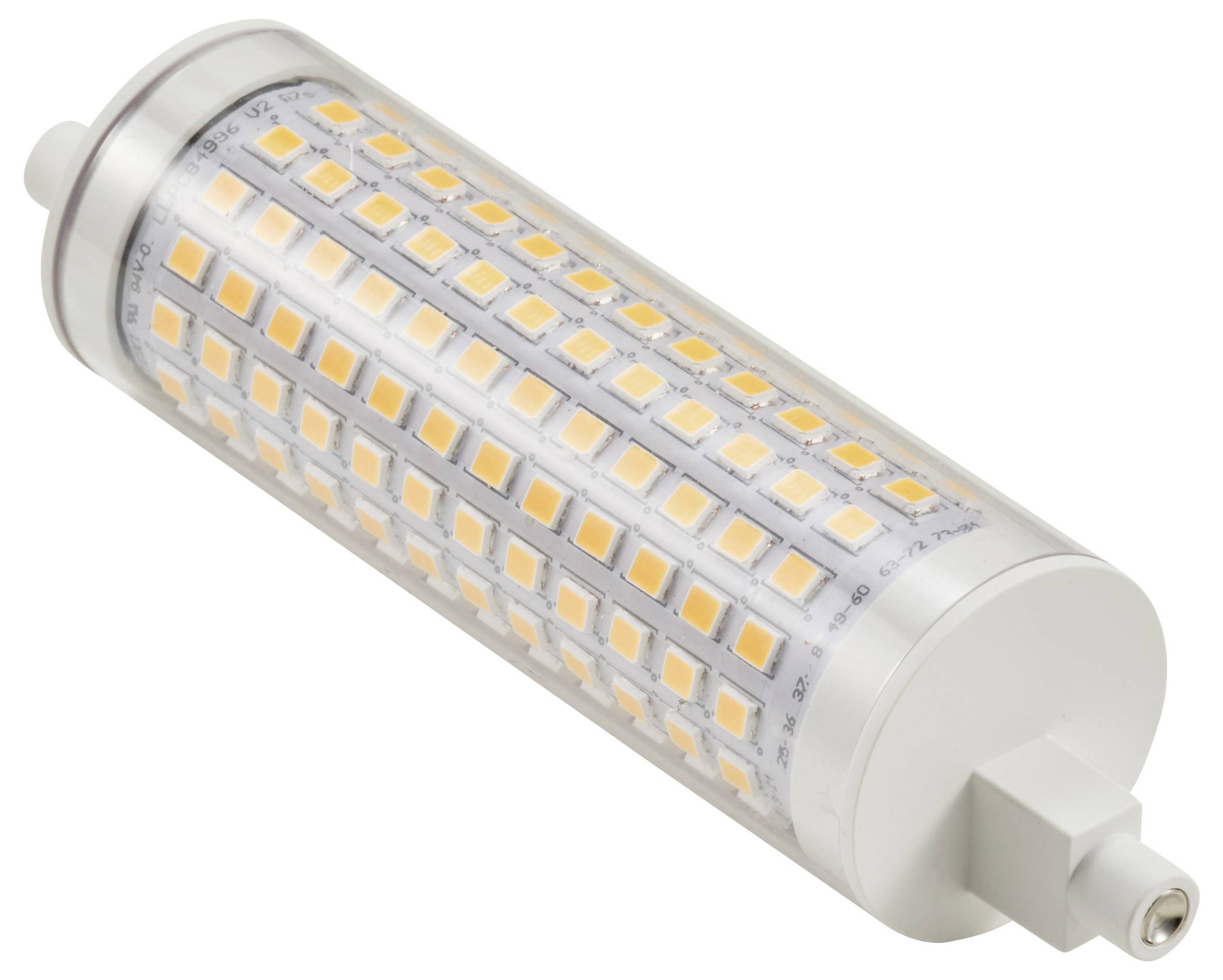 Een LED-gloeilamp in ronde cilindrische vorm met veel rechthoekige lichtsegmenten. Hij is geschikt voor energiezuinige verlichting.