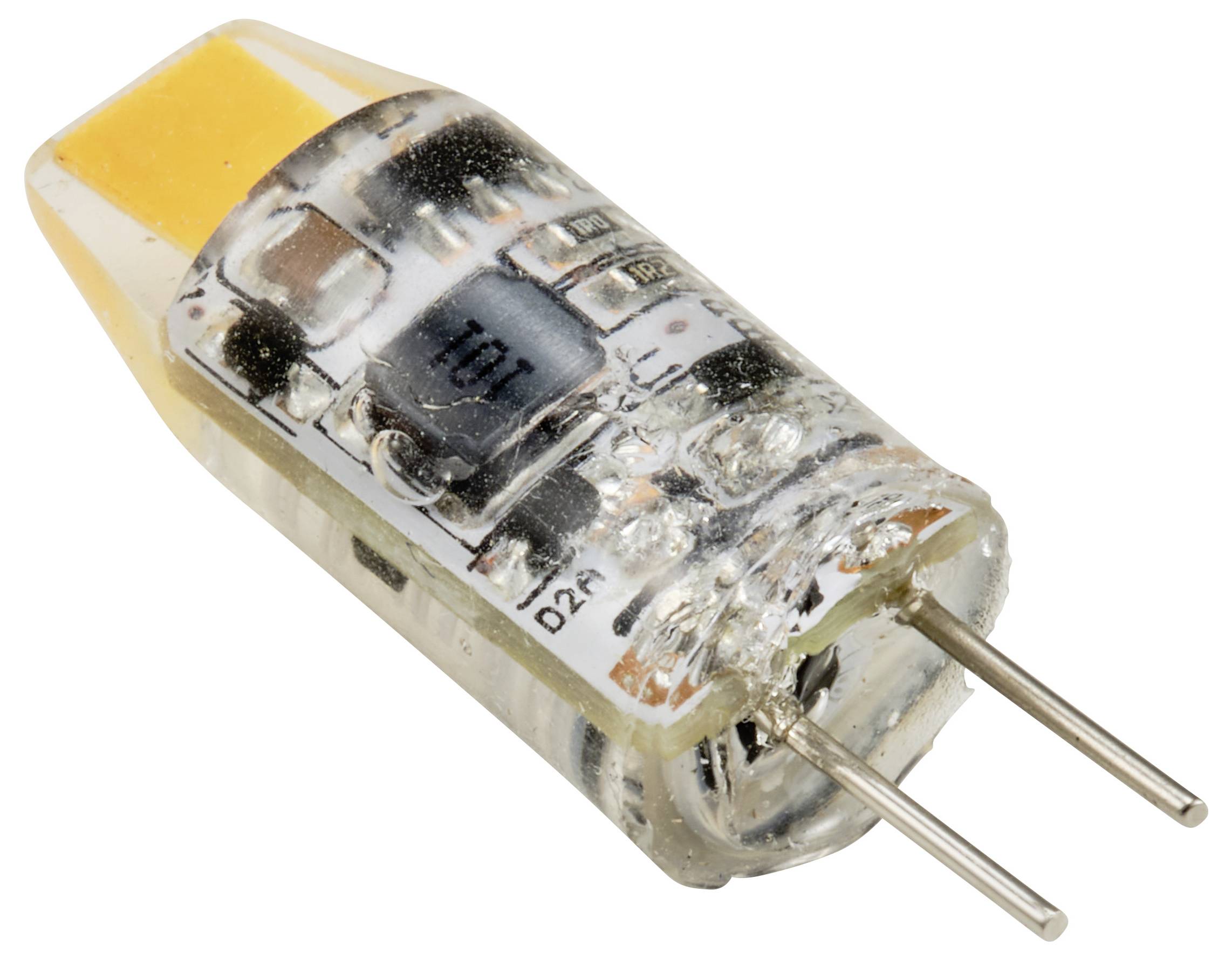 Een piepkleine LED-lamp met twee metalen pennen, een transparente behuizing en zichtbare elektronische componenten aan de binnenkant.